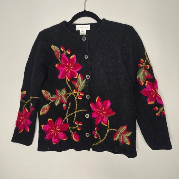 Susan Bristol Sweaters - Susan Bristol Cardigan Women L Black Floral Hand Embroidered Boiled Wool Sweater
